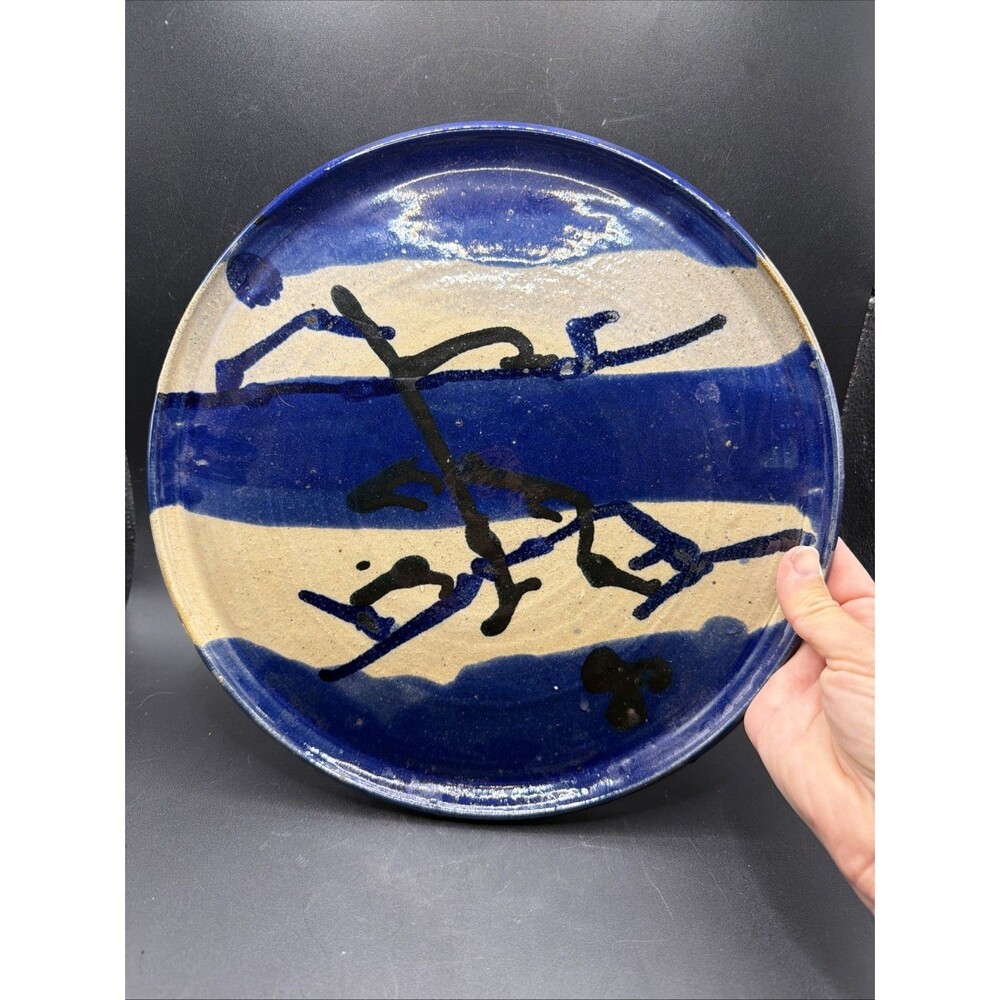 Studio Pottery Plate Signed by Artist Blue Tan Design Art 11" Dish Artisan